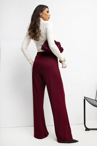 Close-up of Rue Paris Women's High Waist Wide Leg Tracksuit Trousers detailing soft and luxurious fabric, featuring a minimalist aesthetic and perfect for everyday style.