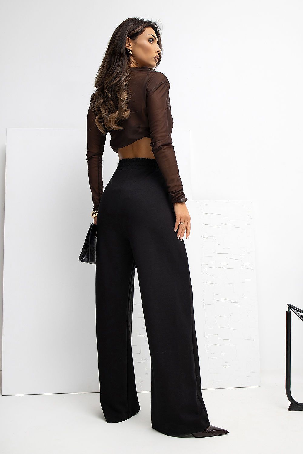 Elegant Rue Paris women's high waist wide leg tracksuit trousers in soft viscose-spandex blend, showcasing a minimalist design with a high waist and side slip pockets, perfect for casual yet sophisticated style.