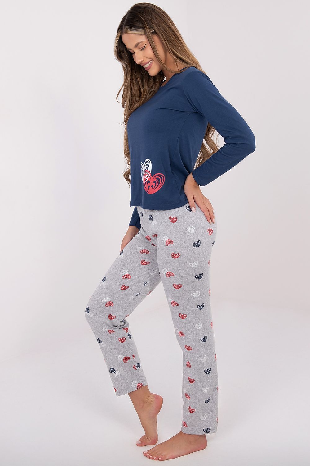 Chic long-sleeved blouse from Forever Pink's Luxury Cotton Pajama Set, featuring a cute heart print and round neckline for relaxation and style.