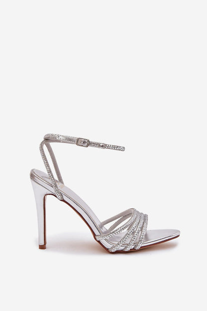 Elegant eco-leather women's heel sandals adorned with sparkling crystals by Step in Style, showcasing a slender heel for a sophisticated look.