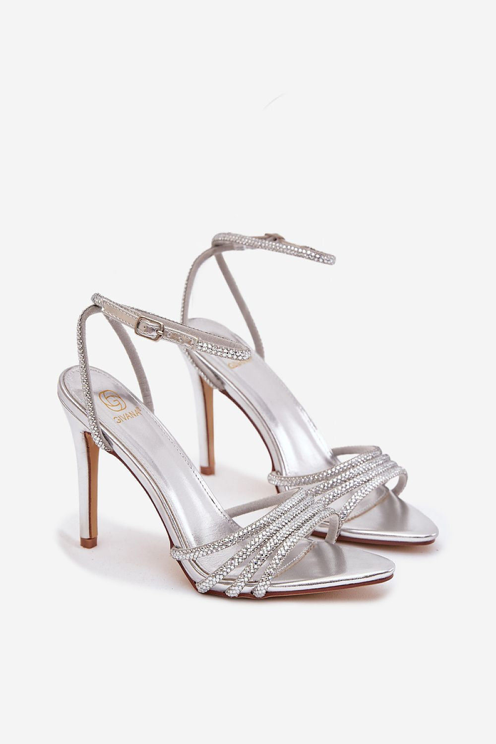 Stylish women's eco-leather heel sandals featuring shimmering crystal embellishments, perfect for special occasions, designed by Step in Style.