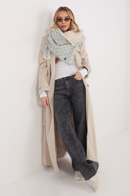 Elegant styling of AT's 148x148cm shawl, showcasing versatile wearing options as a chic scarf.