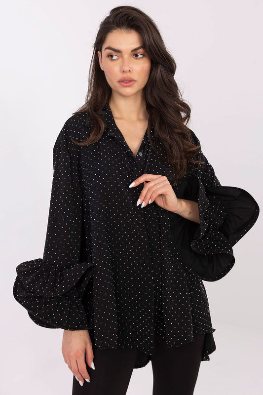 Luxurious long sleeve women's shirt with elongated back by Italy Moda, featuring elegant design for formal occasions.
