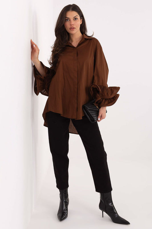 Side view of the Italy Moda long sleeve cotton shirt with ruffles, highlighting its modern silhouette and feminine elegance.
