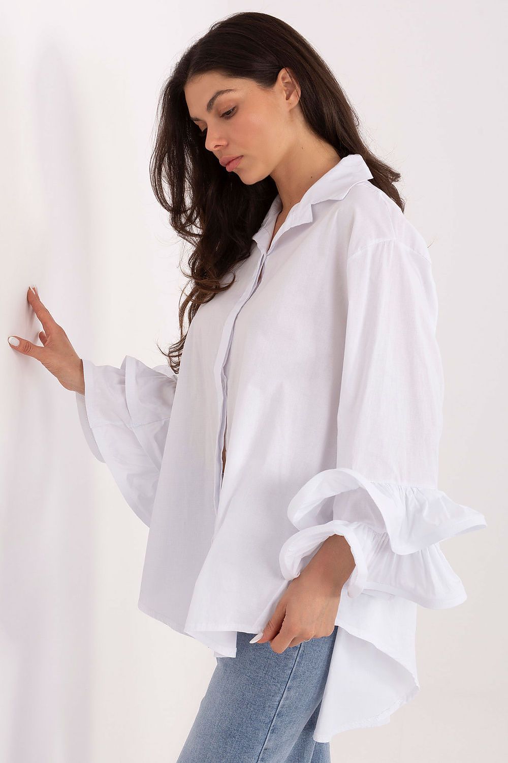 Elegant long sleeve cotton shirt with ruffles by Italy Moda, showcasing a modern silhouette and feminine design, ideal for work and evening occasions.