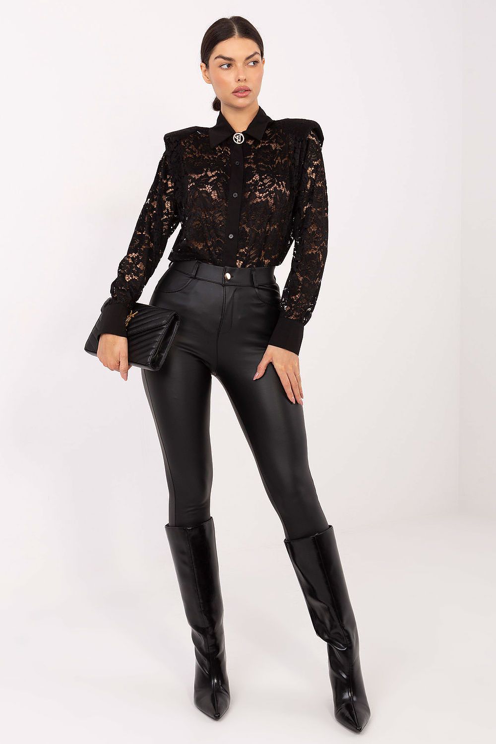Stylish long sleeve lace women's shirt by Italy Moda featuring a classic collar and chic brooch accents, perfect for elegant occasions.