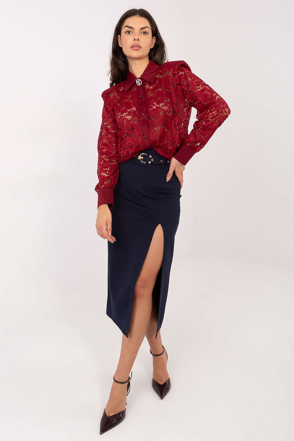 Glamorous styling of the Italy Moda lace women's shirt, demonstrating how to pair it for a refined and elegant outfit.