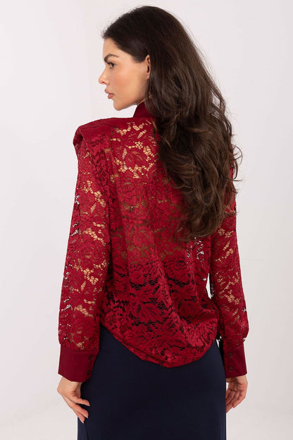 Elegant long sleeve lace women's shirt by Italy Moda featuring a classic collar and chic brooch accents, perfect for formal occasions.
