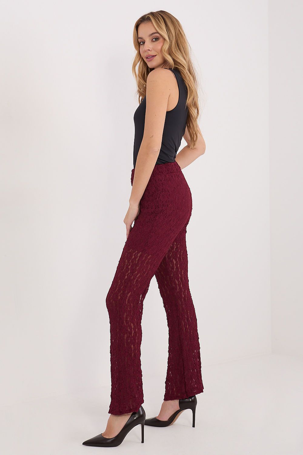 Elegant Women's Lace Trousers by Italy Moda showcasing a stylish straight leg design in a luxurious viscose and spandex blend.
