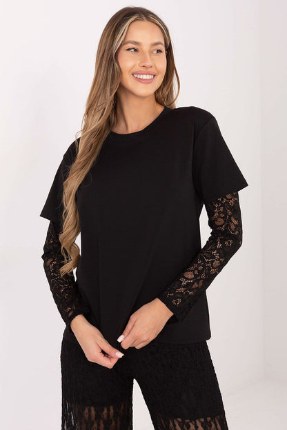 Sophisticated Women's Blouse by Italy Moda with delicate lace 3/4 sleeves, crafted from a luxurious cotton blend for a comfortable yet elegant look.