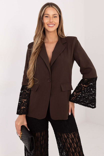 Back view of an Italy Moda women's blazer with lace sleeves, emphasizing its classic silhouette and elegant shoulder pads for added structure.