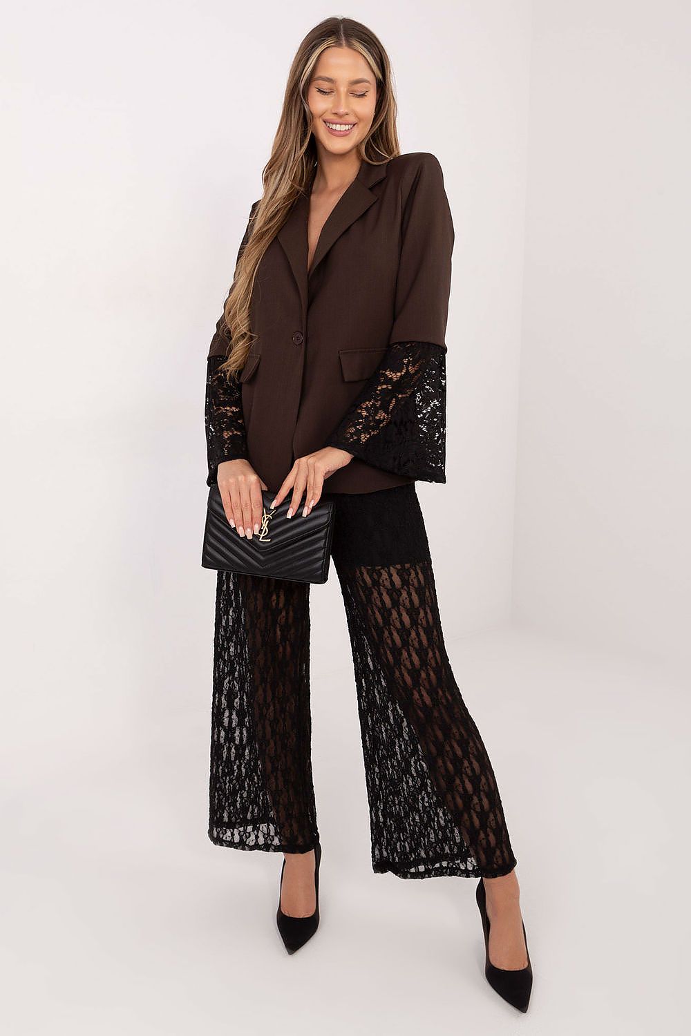 Full-length image of Italy Moda's women's blazer, combining polyester and spandex for comfort, adorned with beautiful lace for a unique charm.