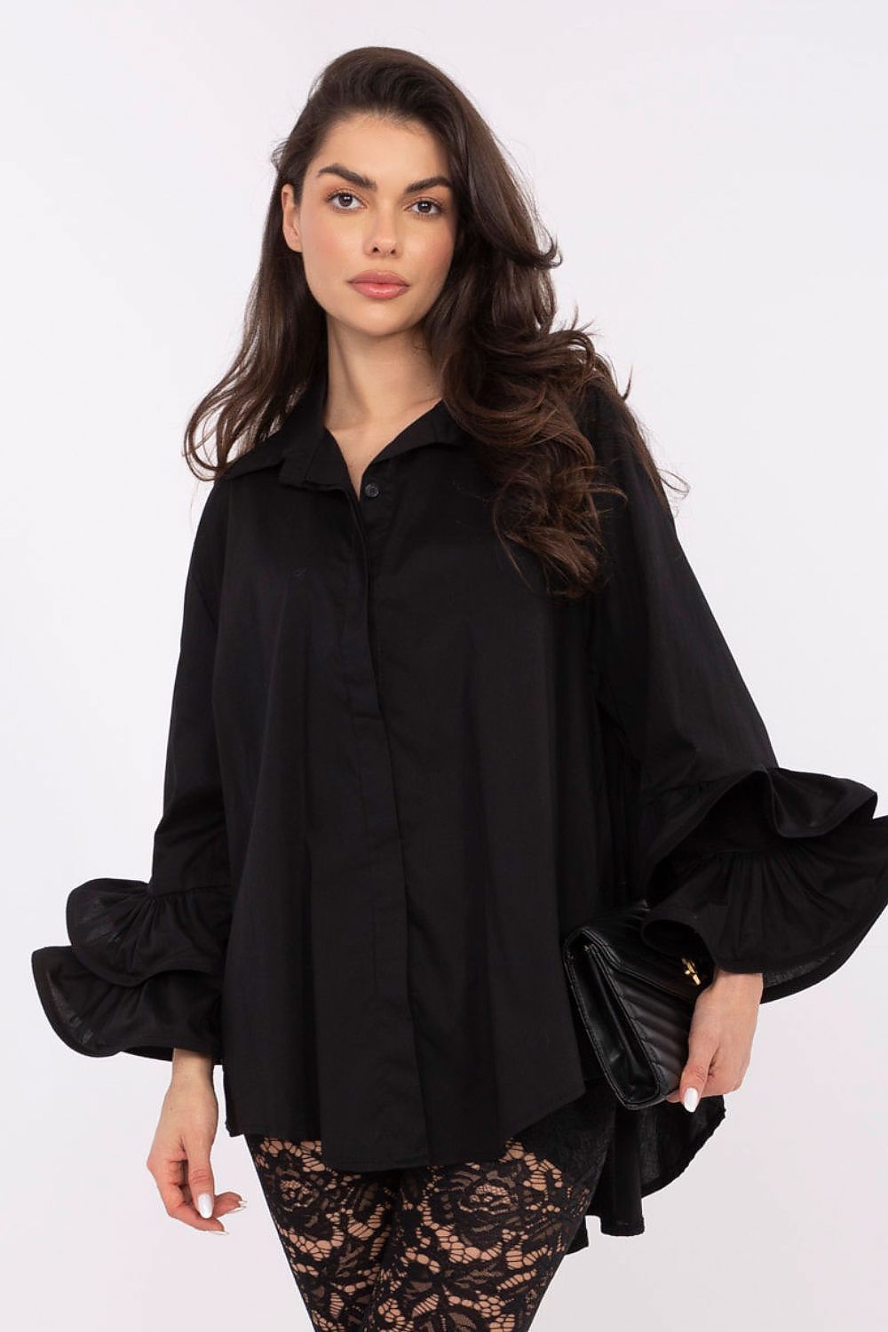 Elegant long sleeve cotton shirt with ruffles designed by Italy Moda, showcasing a modern silhouette with delicate feminine details, perfect for both work and evening wear.