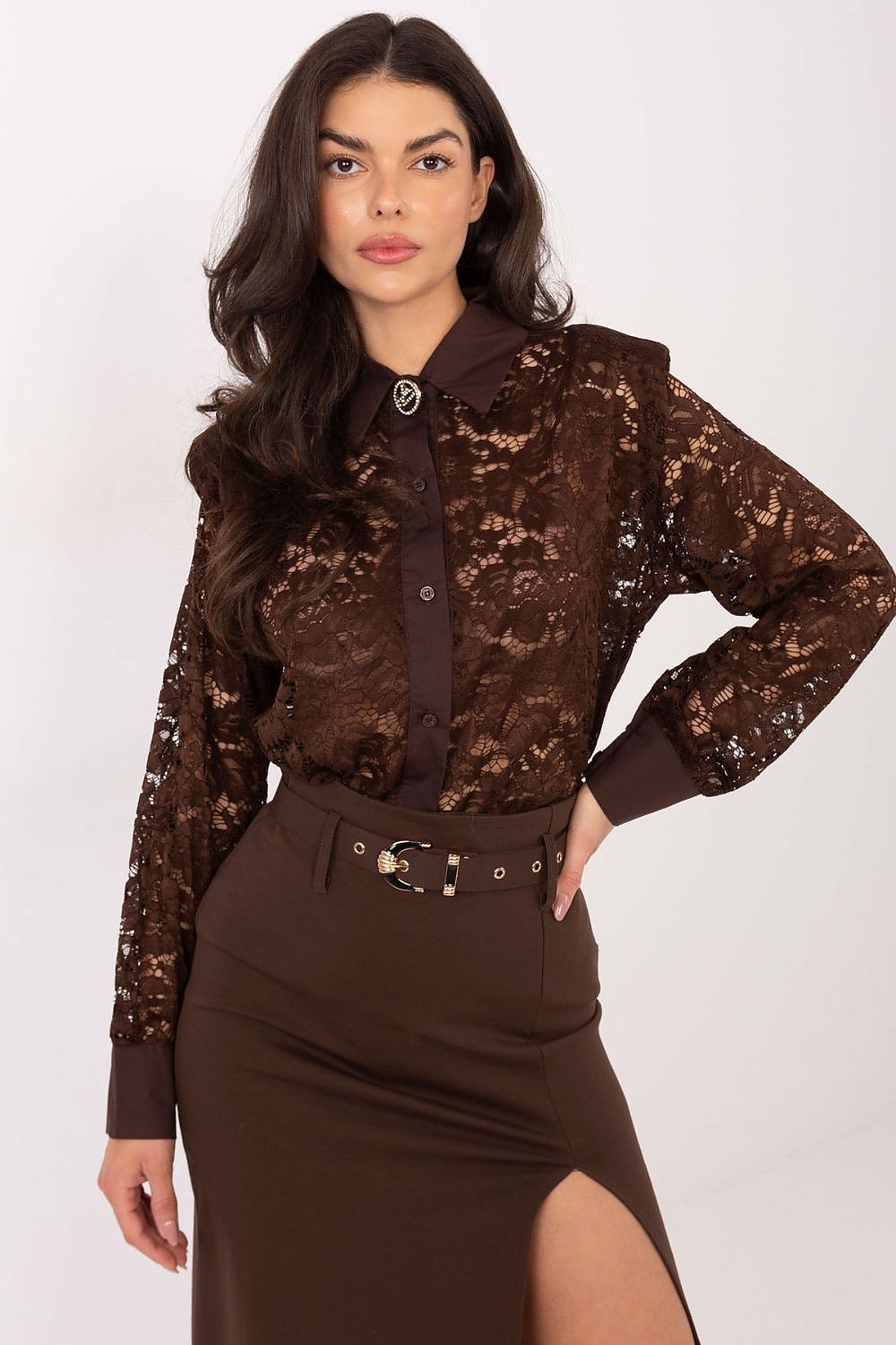 Stylish Italy Moda women's shirt with classic collar and long sleeves, embellished with a decorative brooch for a touch of elegance.