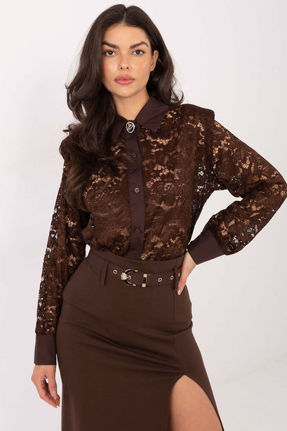 Stylish Italy Moda women's shirt with classic collar and long sleeves, embellished with a decorative brooch for a touch of elegance.
