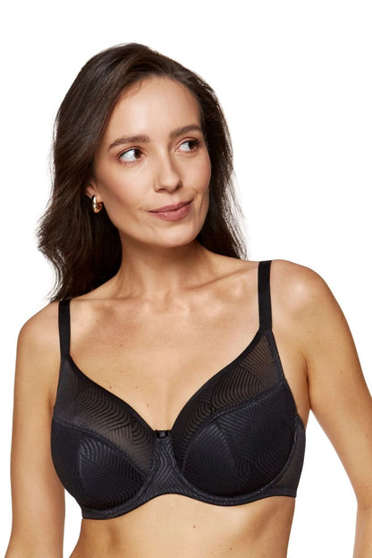 Elegant Gorteks semi-padded bra in geometric tulle featuring comfort fit and decorative bow, showcasing luxurious design and perfect breast shape enhancement.