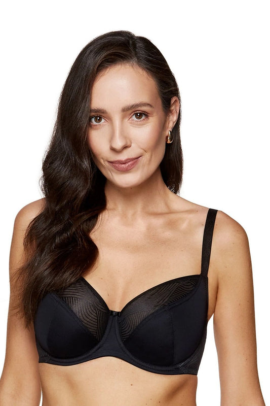 Elegant Gorteks Laurel Soft Bra featuring three-piece cups for natural lift, showcasing beige simplex fabric and tulle design, suitable for sizes EU 70D to 95E.