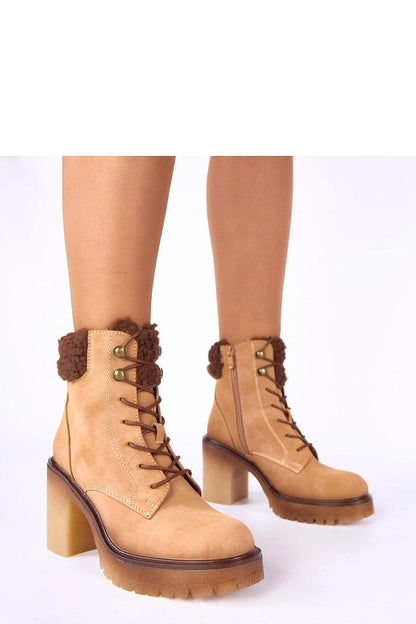 Solea Gemre Beige Fur-Lined Heeled Ankle Boots Alona showcasing luxurious imitation leather suede finish, designed for elegant winter style.