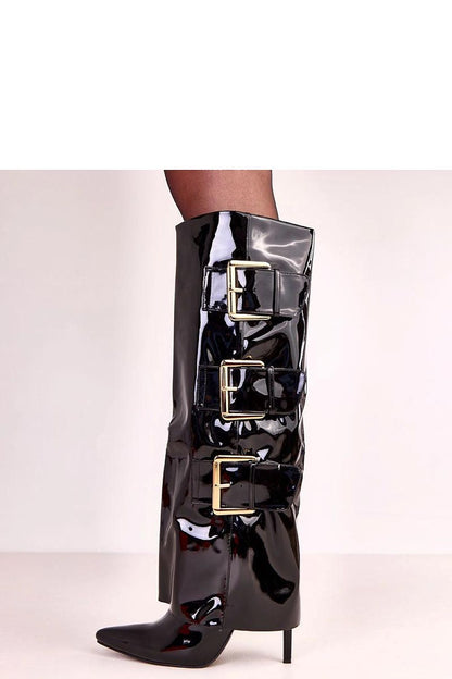 Stylish black patent leather heeled boots by Solea displayed with elegance, perfect for both everyday wear and special occasions.