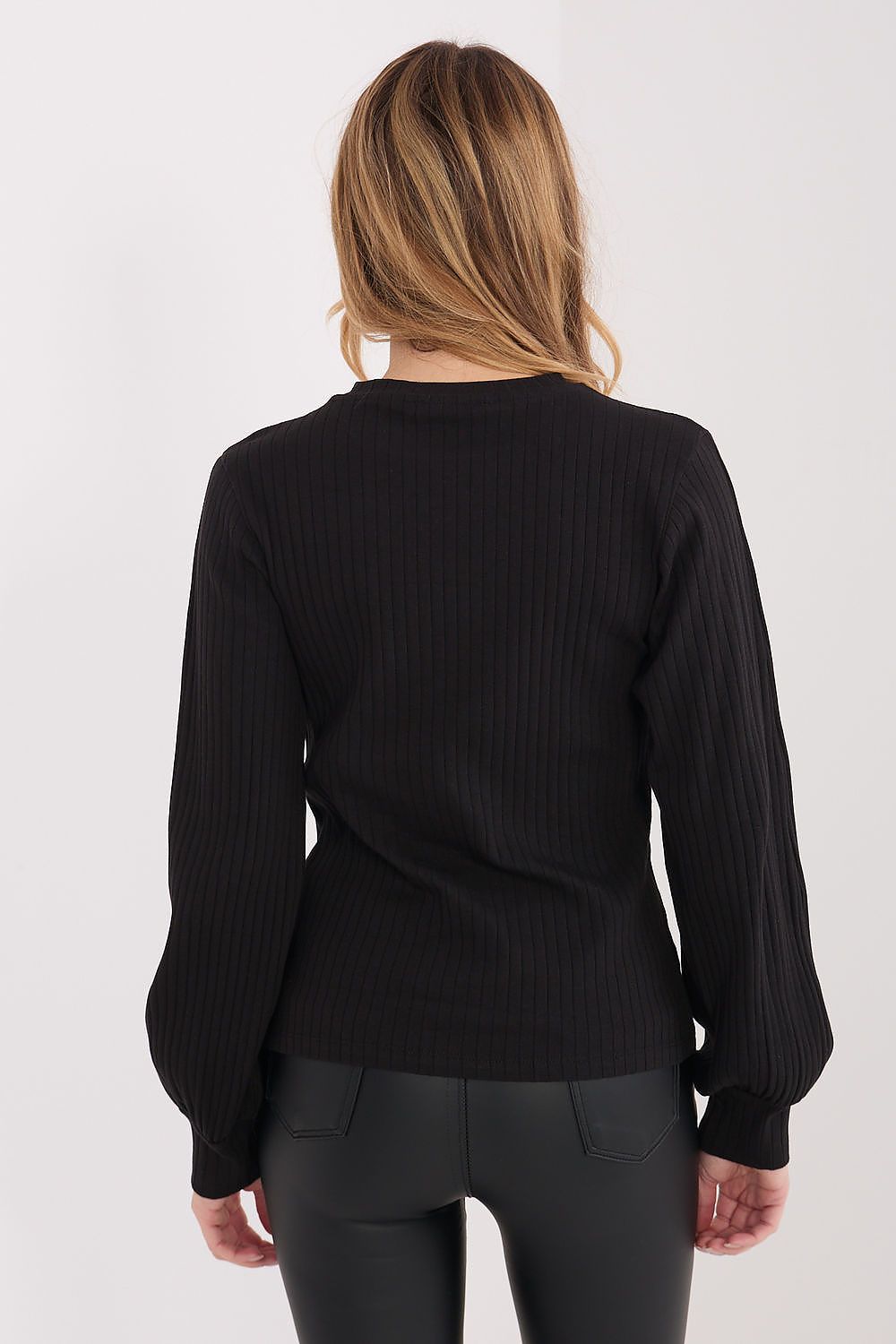 Fashion-forward Rue Paris casual women's blouse, showcasing delicate stripes and puffy sleeves for a sophisticated look.