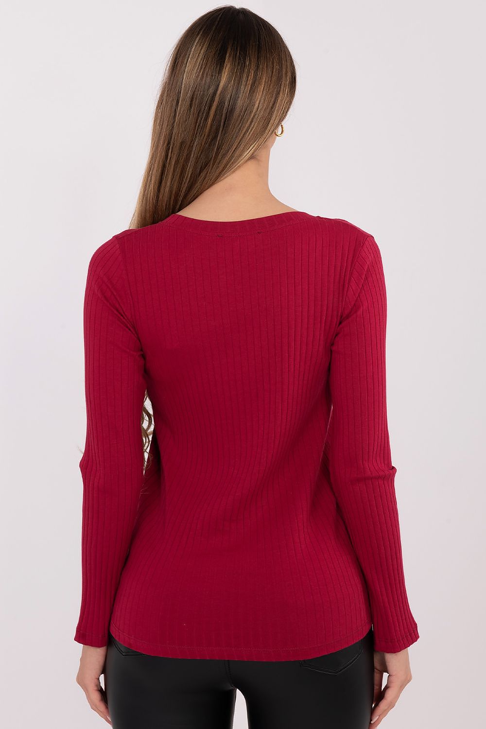 Close-up of Rue Paris V-Neck Blouse showcasing ribbed texture and refined decorative buttons, designed for a chic feminine silhouette, ideal for any occasion.