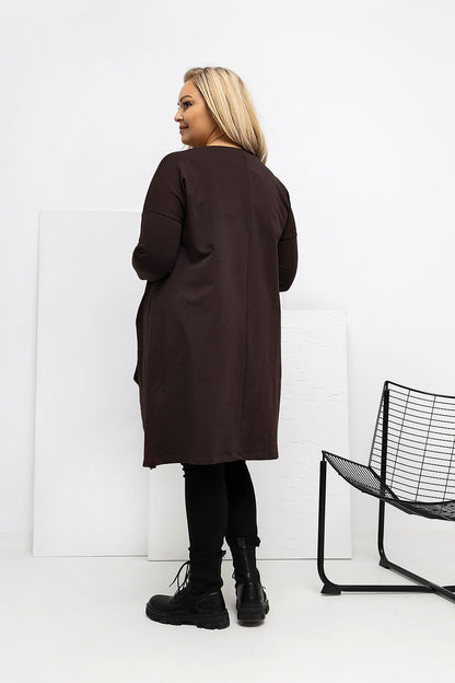 Luxury Plus Size Asymmetrical Tunic Dress with Pockets by Relevance, showcasing elegant draping and a round neckline.