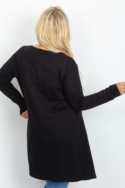 Back view of the Luxury Plus Size Asymmetrical Tunic Dress by Relevance, highlighting the extended cut and practical pockets.
