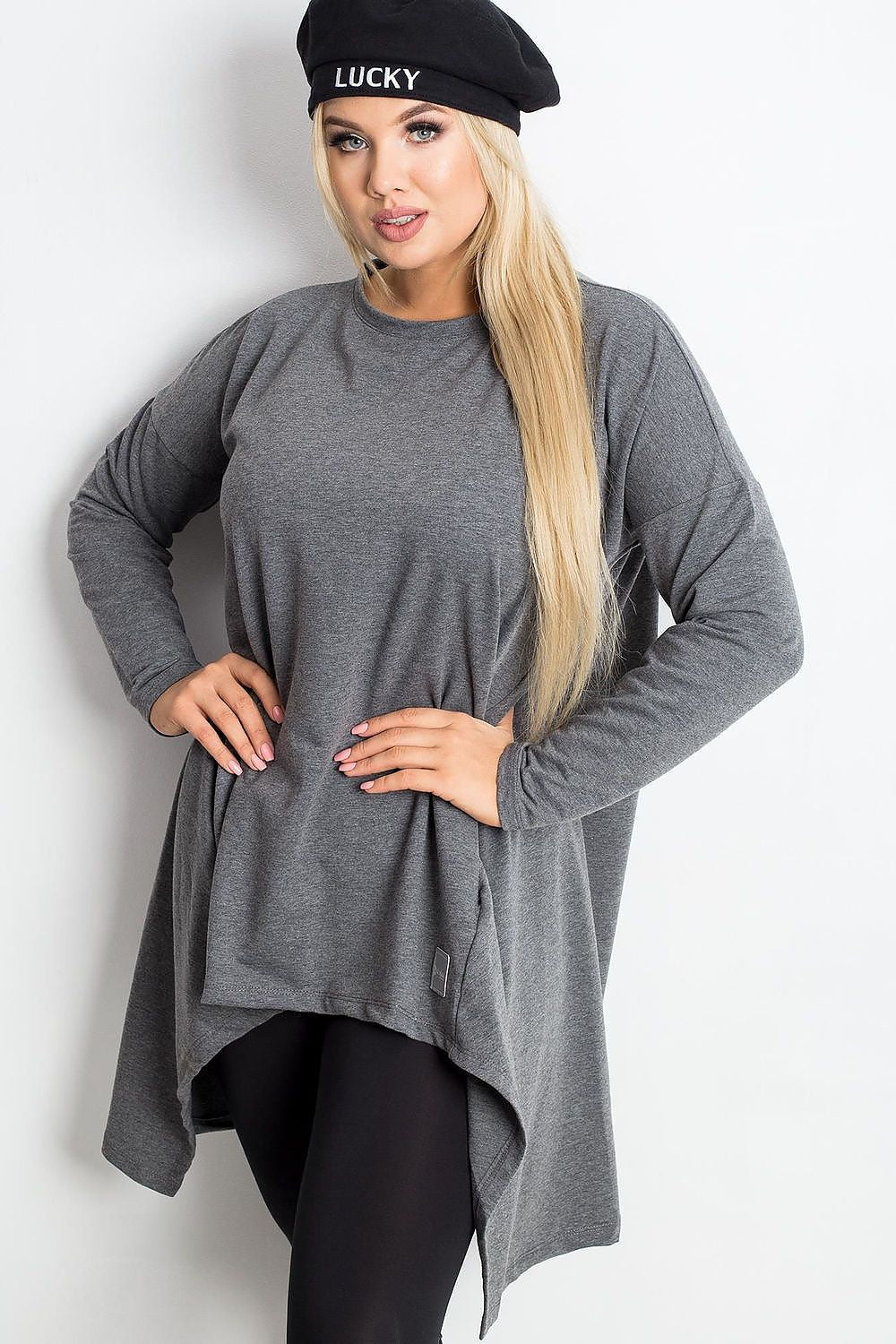 Luxury plus size asymmetrical tunic dress with pockets by Relevance, featuring a stylish drape and comfortable fit for modern women.