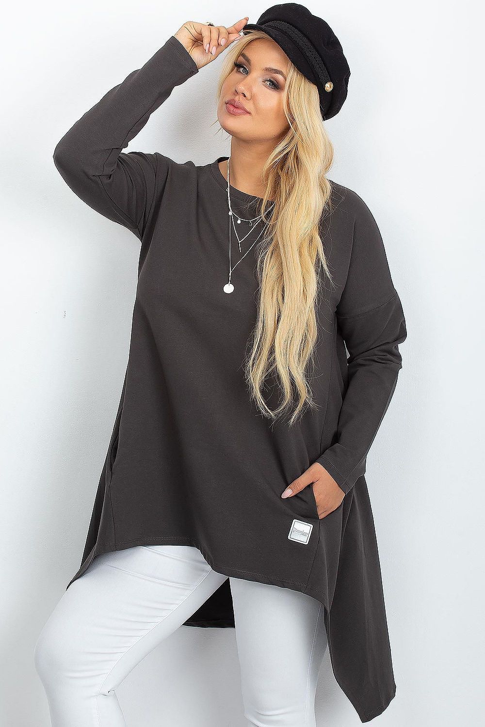Relevance luxurious plus size tunic dress with practical side pockets, designed for effortless dressing and modern style.