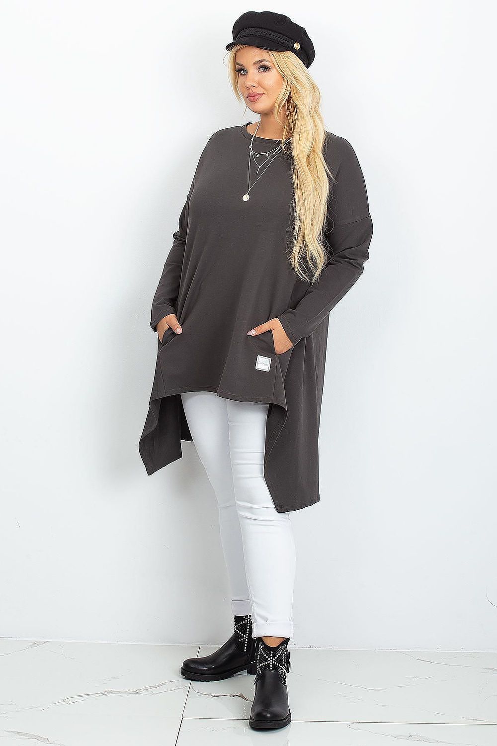 Chic Relevance asymmetrical tunic dress in plus sizes, ideal for versatile outfits with a hint of luxury and comfort.
