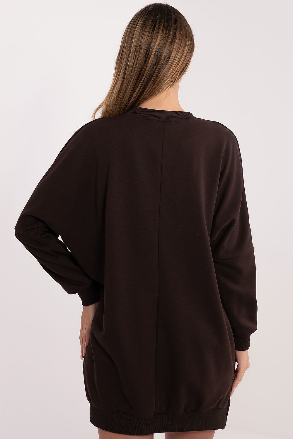 Detailed view of the round neckline and long sleeves of the Comfortable Cotton Spandex Daydress by Relevance, emphasizing its timeless chic style.