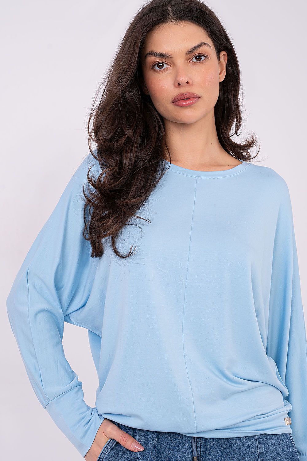 Elegant Luxury Casual Blouse for Women by Relevance, crafted from soft micro modal fabric, featuring a round neckline and long sleeves in a minimalist style.