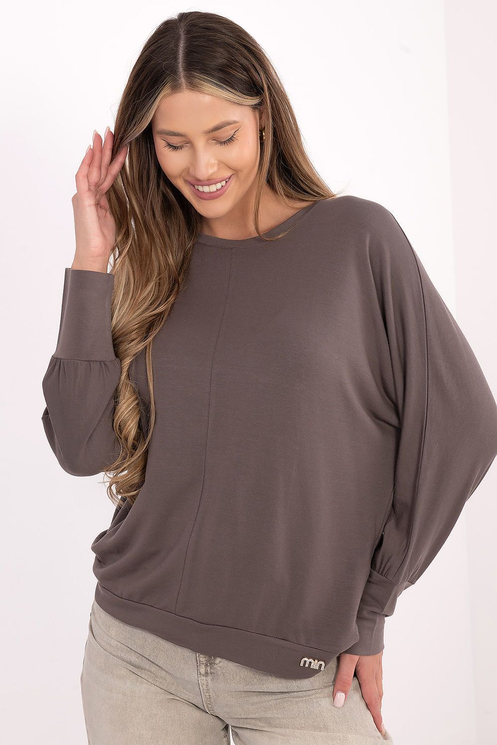 Luxury casual blouse from Relevance in soft micro modal fabric, featuring elegant round neck and long sleeves, perfect for daily wear.