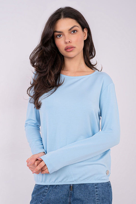 Classic Comfort Blouse by Relevance in EU 0 size, made from soft micro modal and spandex, showcasing its elegant long sleeves and minimalist round neckline.