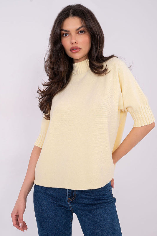 Elegant Women's Short Sleeve Sweater with Low Turtleneck by Italy Moda, crafted from a luxurious soft touch blend, perfect for transitional seasons.