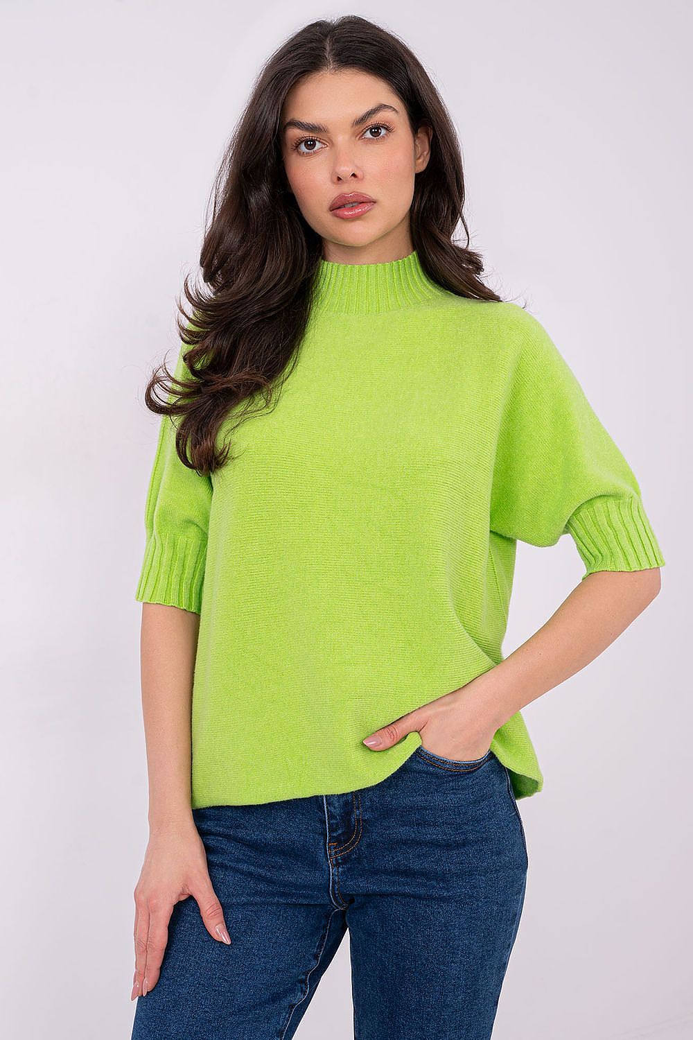 Elegant Women's Short Sleeve Sweater with Low Turtleneck by Italy Moda, showcasing a soft touch blend ideal for transitional seasons.