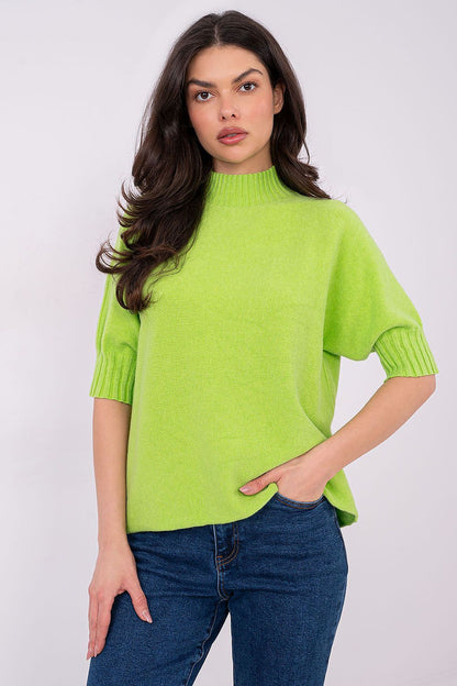 Elegant Women's Short Sleeve Sweater with Low Turtleneck by Italy Moda, showcasing a soft touch blend ideal for transitional seasons.