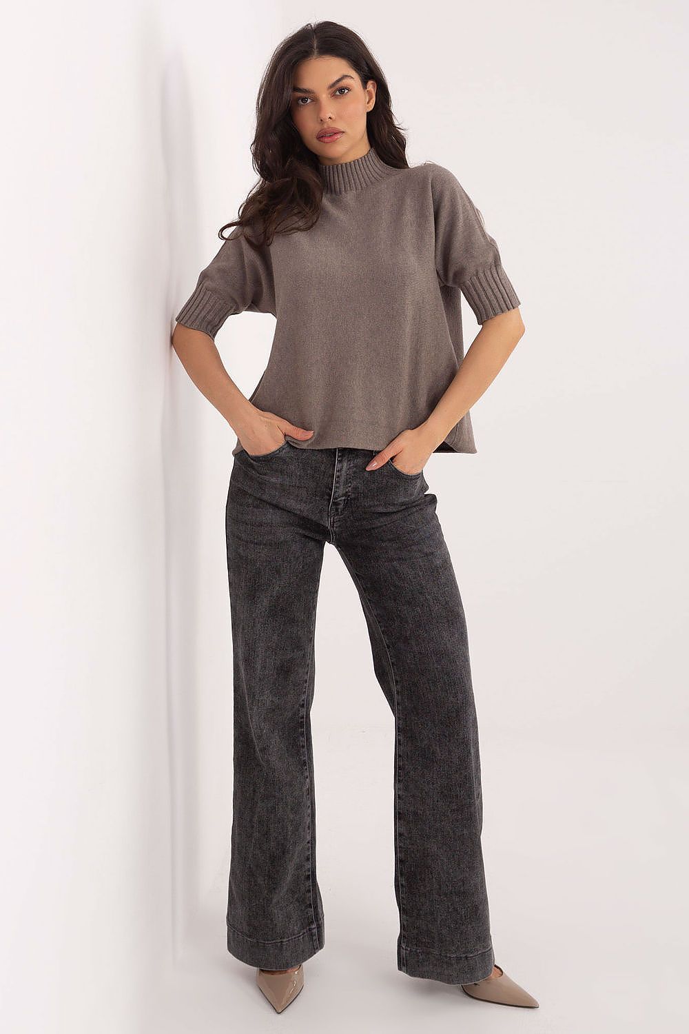 Luxurious women's short sleeve sweater with low turtleneck by Italy Moda, crafted from a soft touch blend for comfort and style in EU size 0.