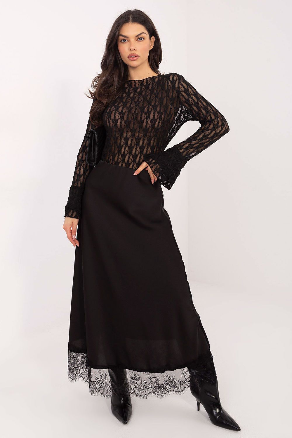 Fitted lace blouse design from Italy Moda featuring luxurious long ruffled bell sleeves, perfect for evening events.