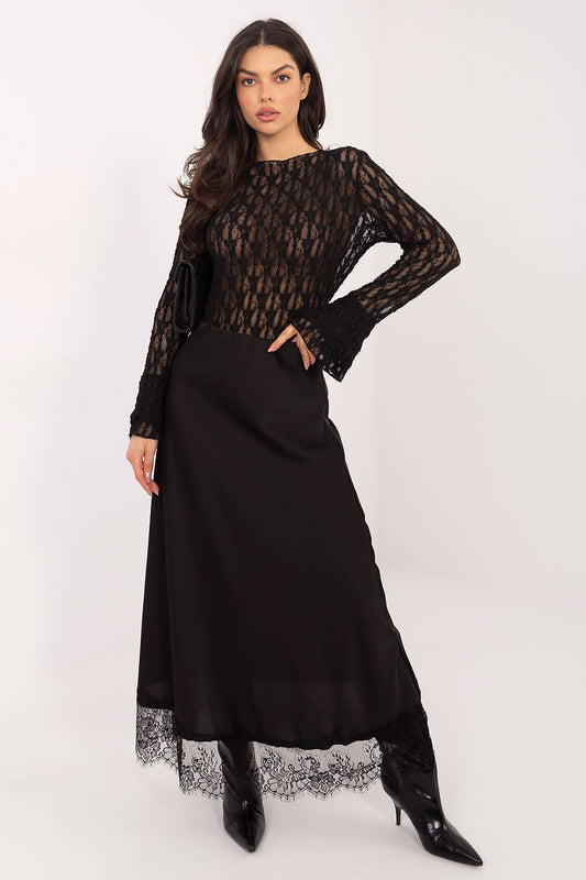 Fitted lace blouse design from Italy Moda featuring luxurious long ruffled bell sleeves, perfect for evening events.