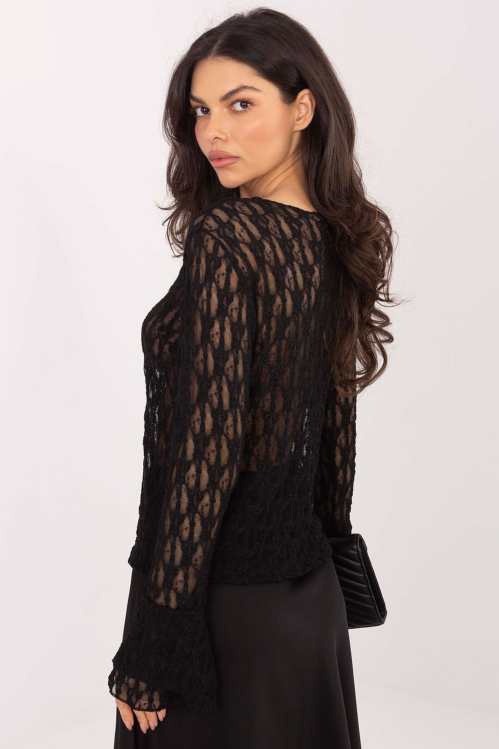 Stylish lace blouse with a boat neck and ruffled sleeves by Italy Moda, embodying refined elegance for special occasions.