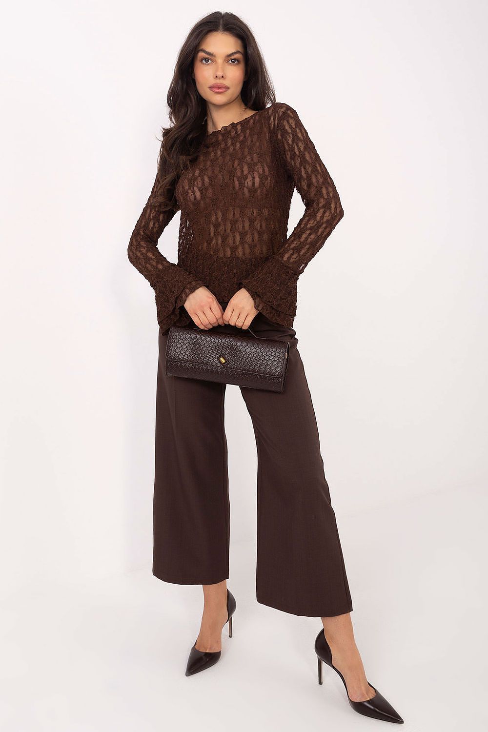 Chic lace blouse by Italy Moda, highlighting ruffled bell sleeves and premium fabric, ideal for elegant evening occasions.