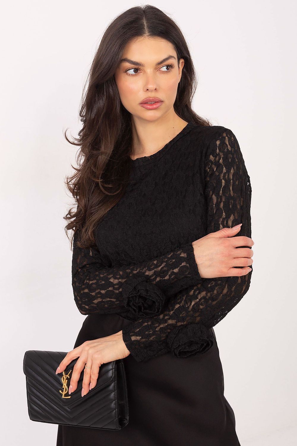 Elegant fitted lace blouse by Italy Moda, showcasing floral lace details and a luxurious round neckline, designed for sizes EU 0-6.