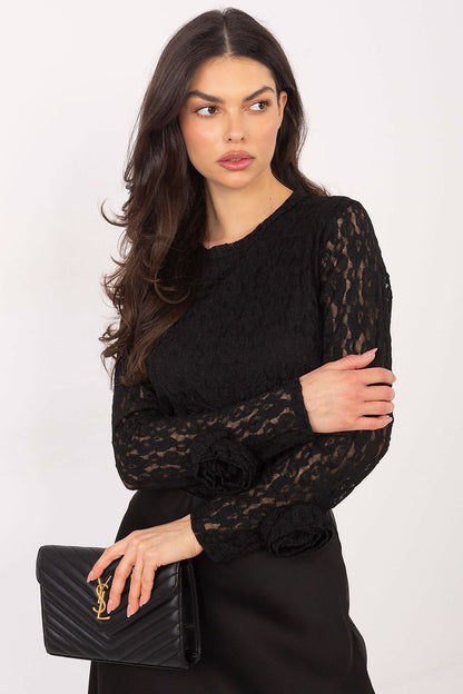 Elegant fitted lace blouse by Italy Moda, showcasing floral lace details and a luxurious round neckline, designed for sizes EU 0-6.