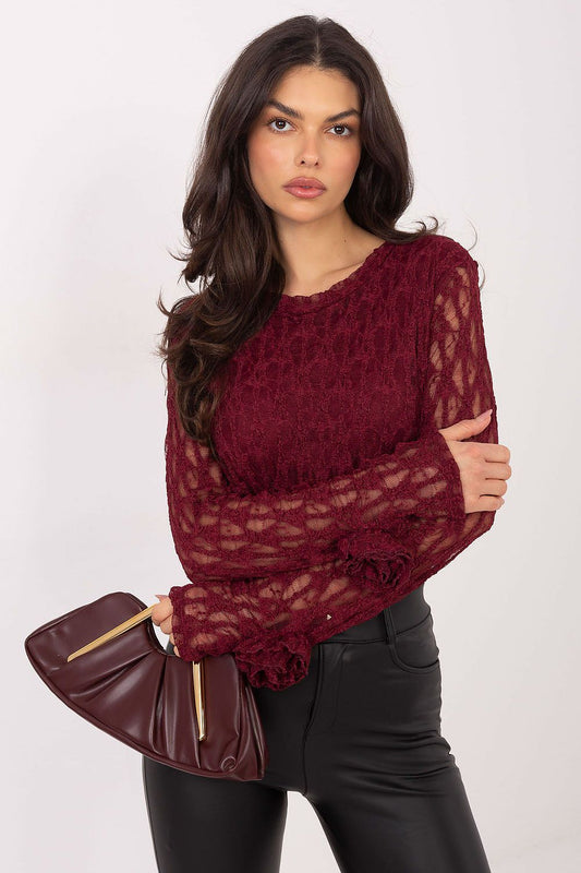 Elegant fitted lace blouse by Italy Moda featuring intricate rose detailing and a soft viscose-spandex blend, perfect for sophisticated occasions.
