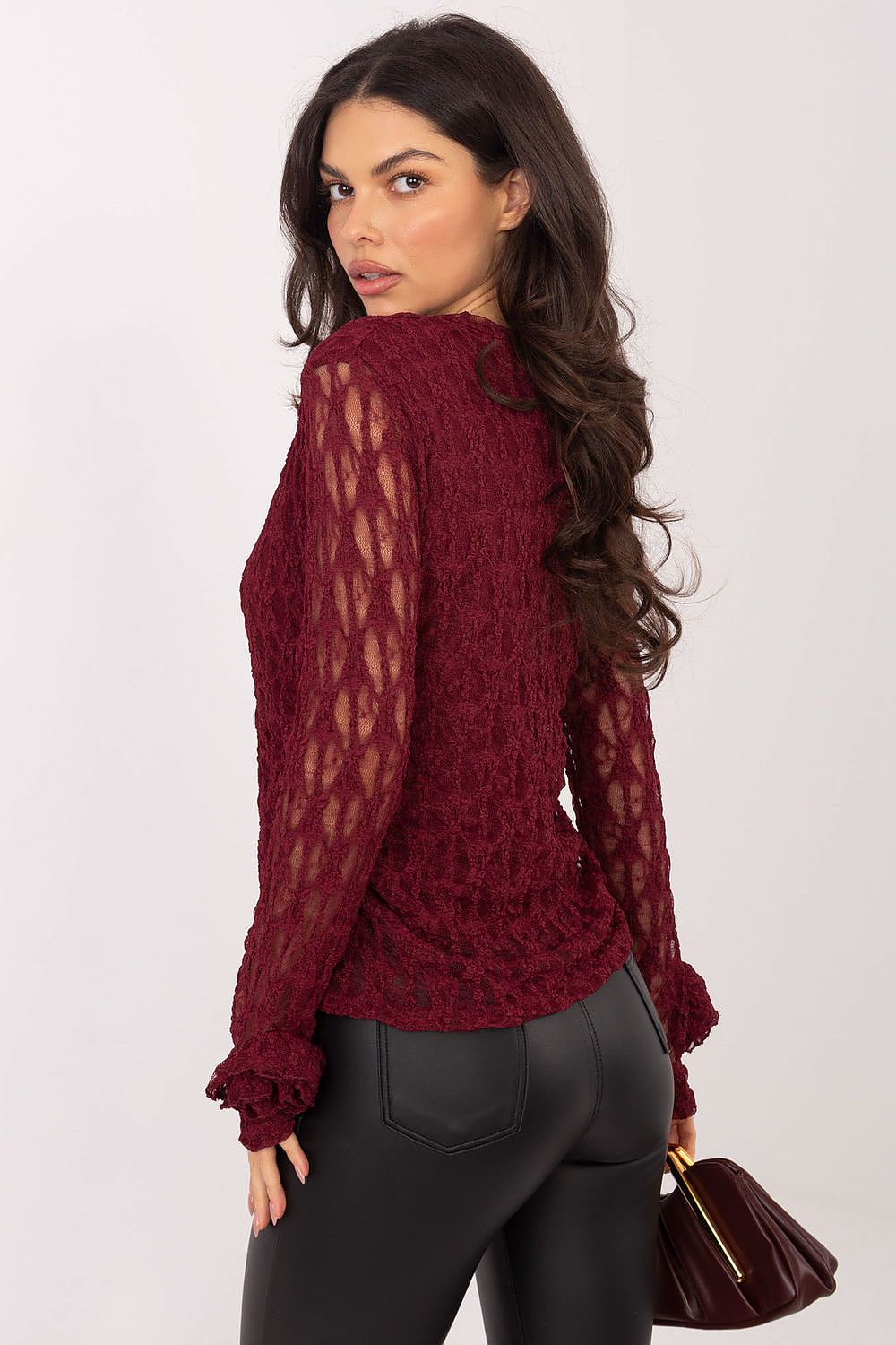 Chic elegant lace blouse from Italy Moda, lined for comfort, designed to accentuate the waist with subtle ruching, ideal for formal settings.