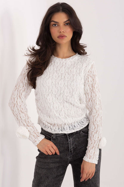 Elegant long sleeve lace blouse by Italy Moda, featuring delicate floral accents and a luxurious viscose blend fabric, perfect for sophisticated formal occasions.