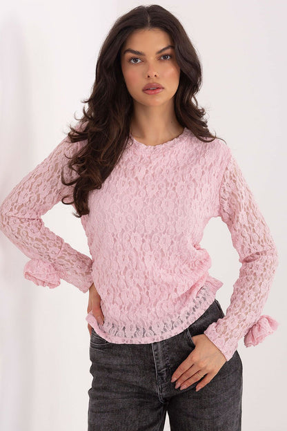 Luxury fitted lace blouse with roses by Italy Moda, showcasing exquisite details and a soft viscose and spandex blend, perfect for elegant feminine style.