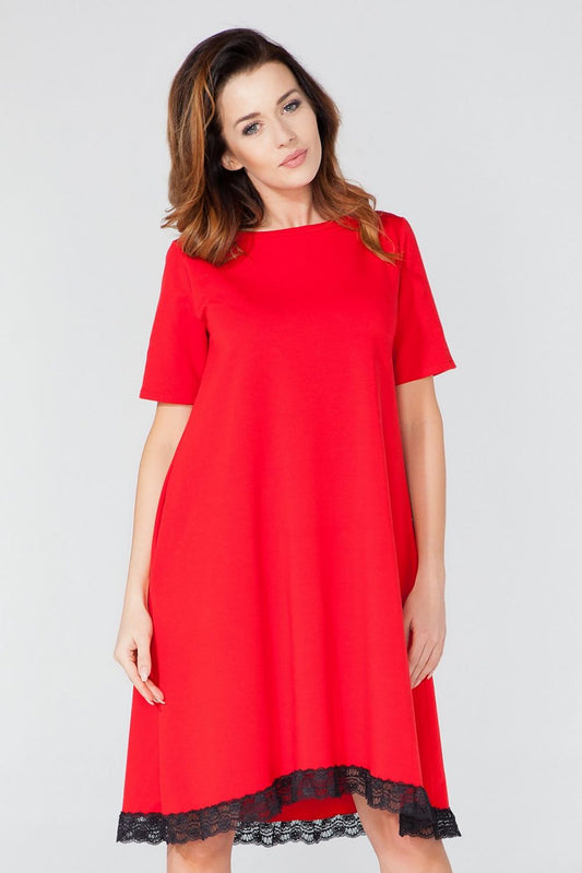 Tessita Women's Cotton Blend Trapeze Daydress with Lace Trim and Pockets, showcasing an elegant design with delicate lace detailing and short sleeves.