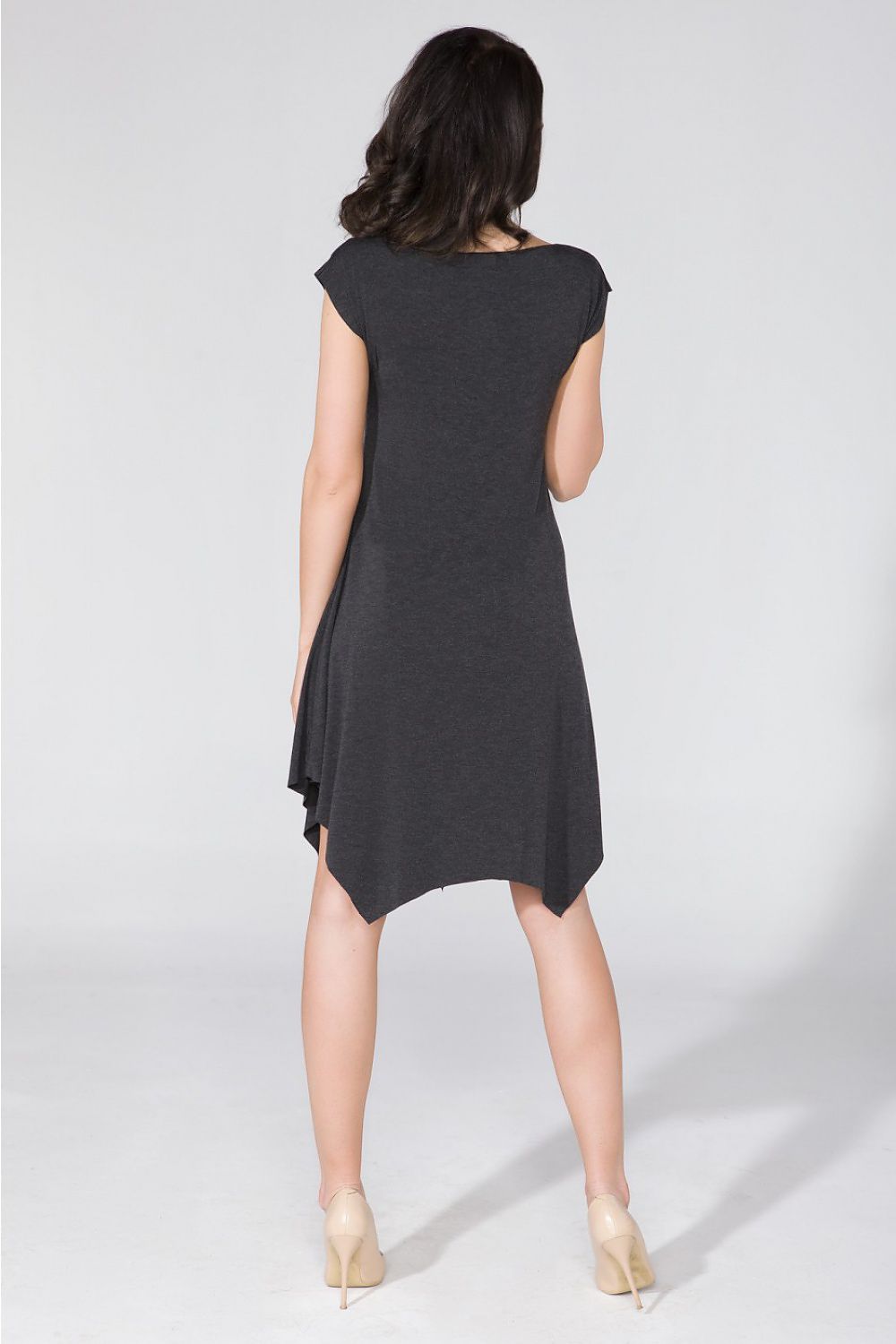 Tessita Women's Flowing Knitwear Day Dress displayed on a mannequin, demonstrating its flattering silhouette and available sizes.
